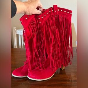 Gently worn Red Fringe Women's Boots. Feel like suede & zip on side
